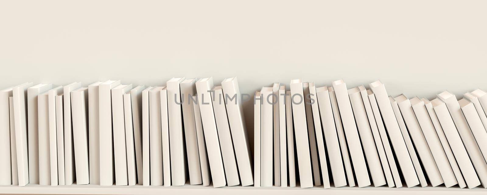 The books are stacked in a row on a white background, 3D rendering illustration.