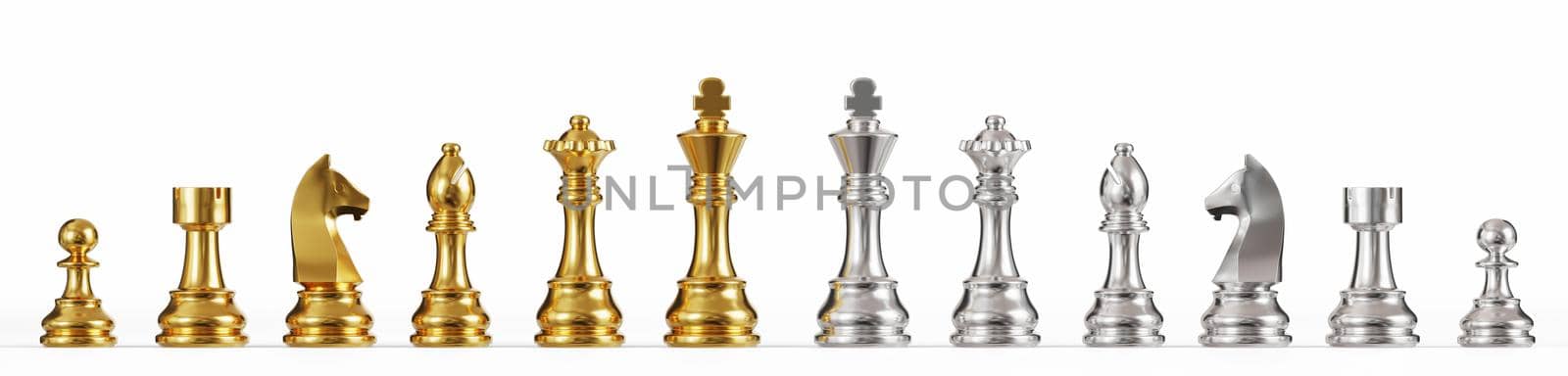 Set of gold and silver chess on a white background, 3D rendering illustration.