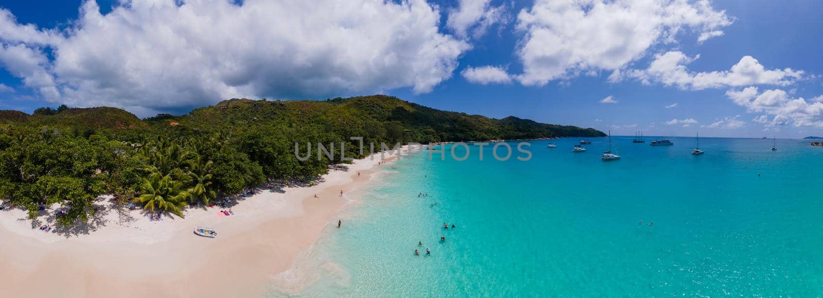 Praslin Seychelles tropical island with withe beaches and palm trees, Anse Lazio beach ,Palm tree stands over deserted tropical island dream beach in Anse Lazio, Seychelles by fokkebok