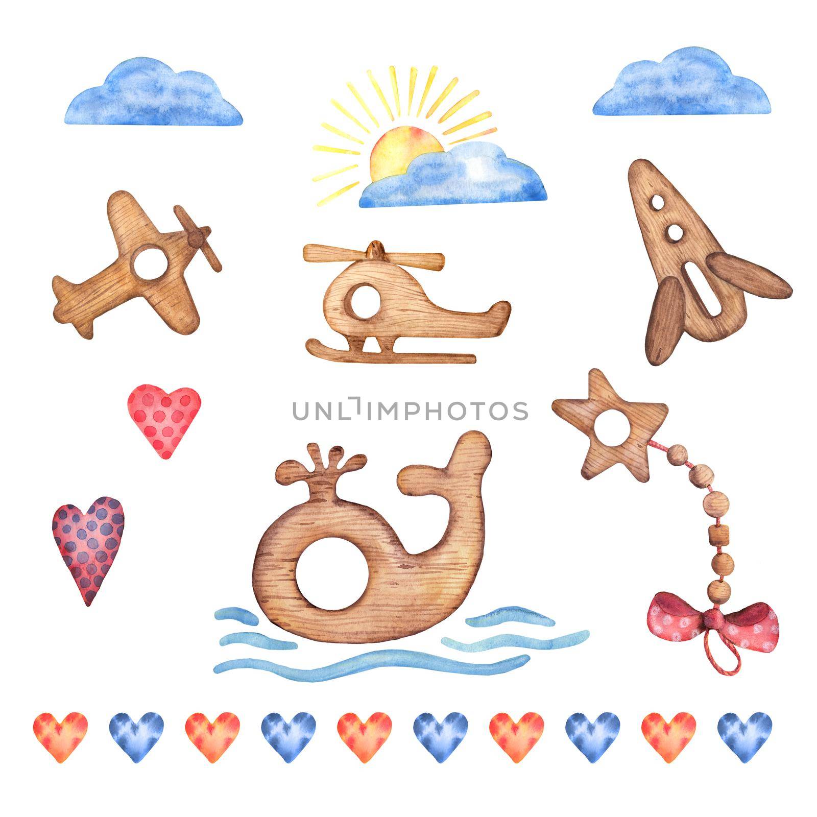 Watercolor wooden baby toys clipart. Sun, moon, star, heart, bird, owl, whale, chick,. Nursery Hand-drawn Art Decor. Baby boy girl. Set Illustrations Isolated on white background.