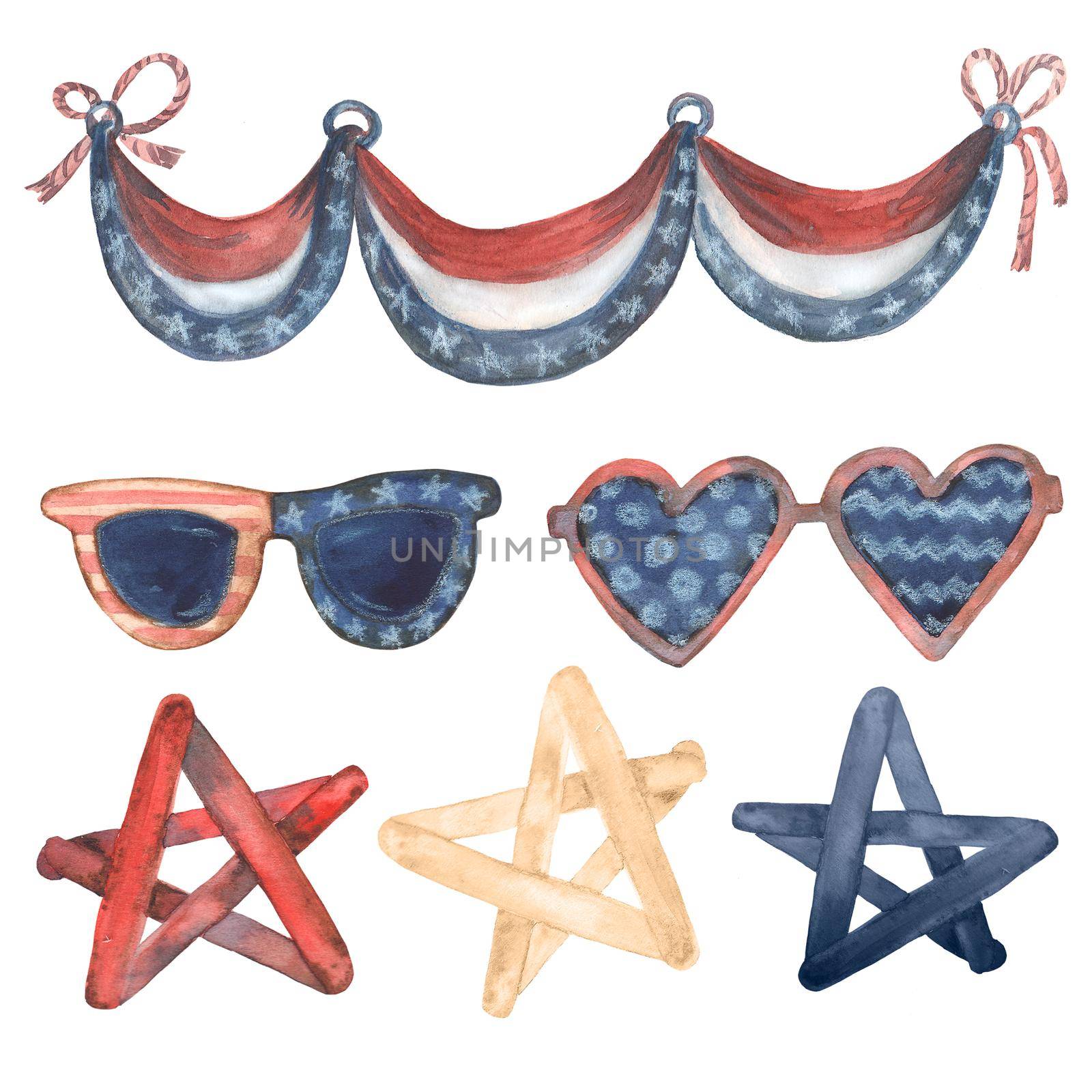 Watercolor hand-made illustrations 4th of July Clipart USA American Flag. Set of elements in Patriotic style Stars and Stripes Red and blue colors White background Overlay for Scrapbooking by zimages