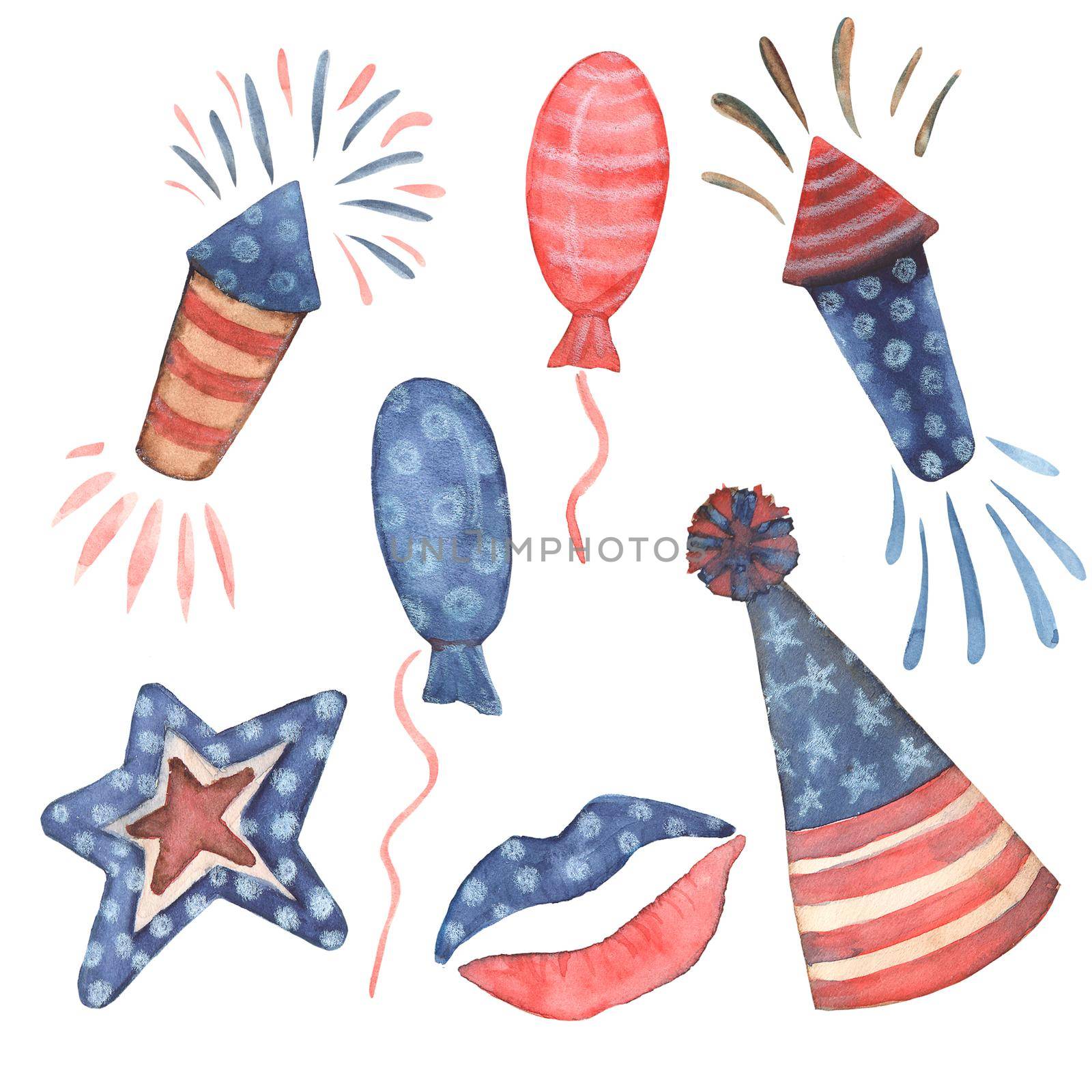 Watercolor hand-made illustrations 4th of July Clipart USA American Flag. Set of elements in Patriotic style Stars and Stripes Red and blue colors White background Overlay for Scrapbooking by zimages