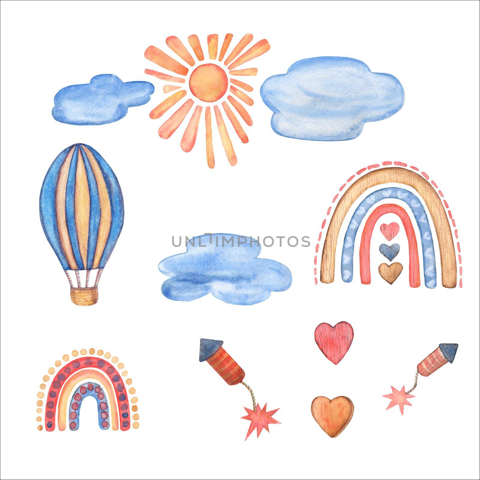 Fly in the sky Watercolor Clipart. Kids Wooden toys. hot air balloon, rainbow, clode, sun, heart, fireworks. Nursery Hand-drawn Art Decor. Baby boy. Set Illustrations Isolated on white background.