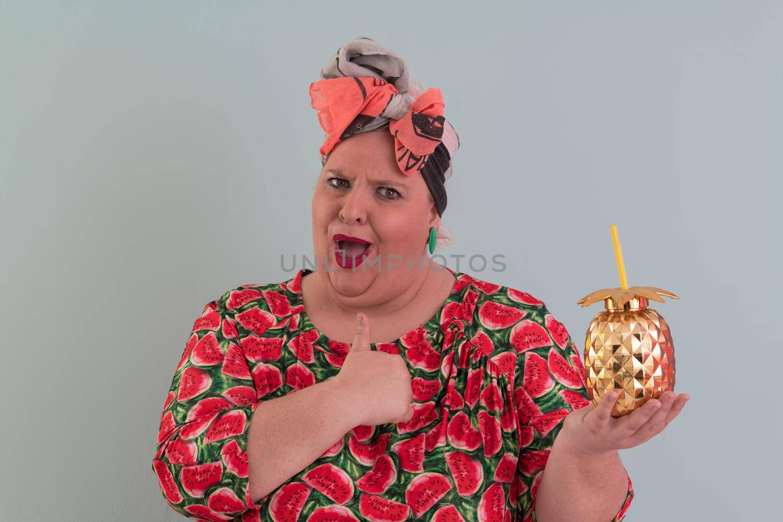 Overweight plus size female, fat women, Fat girl, Chubby, holding golden fruit ananas isolated on cyan background - lifestyle Woman diet weight loss overweight problem concept. High quality photo