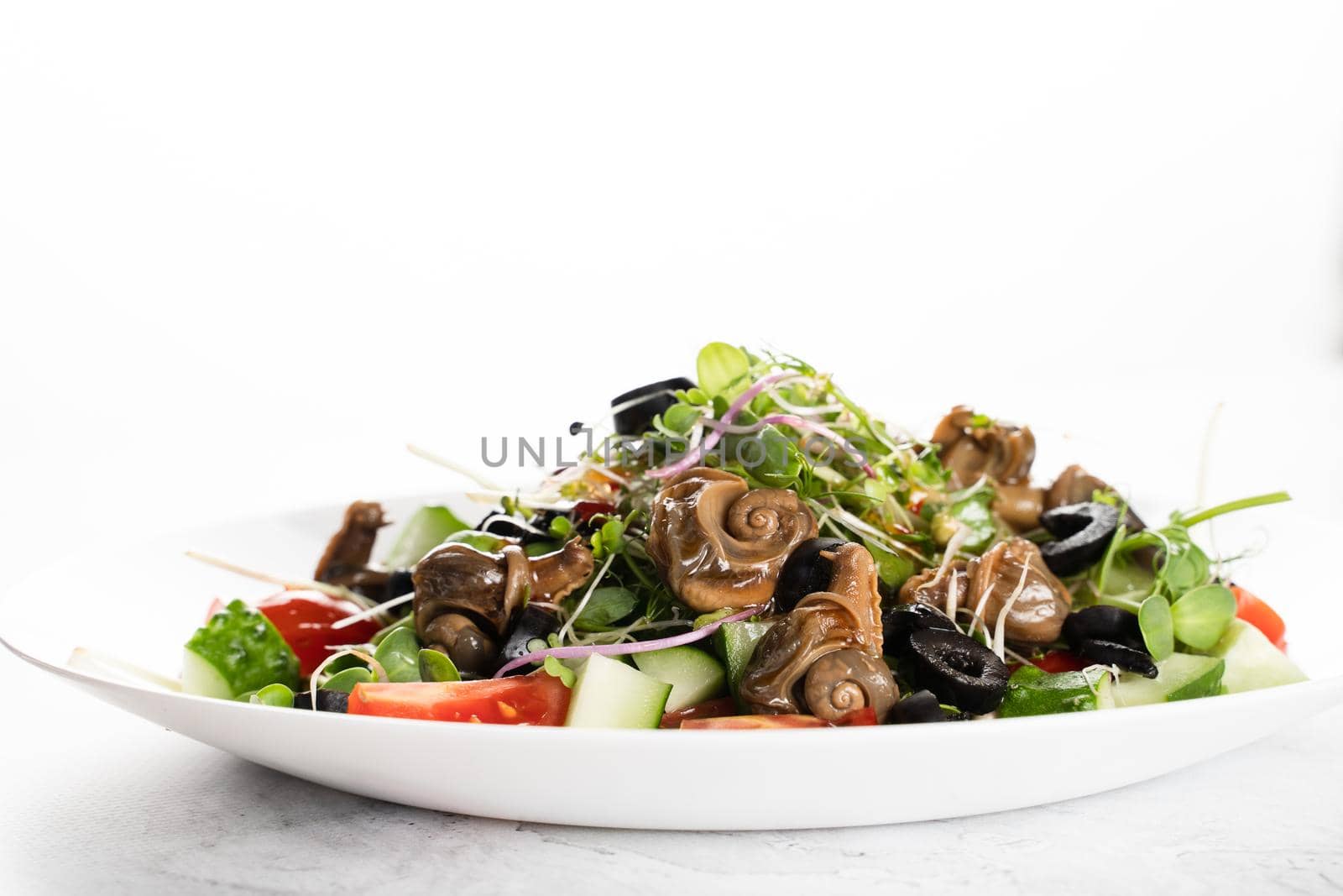 Green salad with snails on white background. French gourmet cuisine.