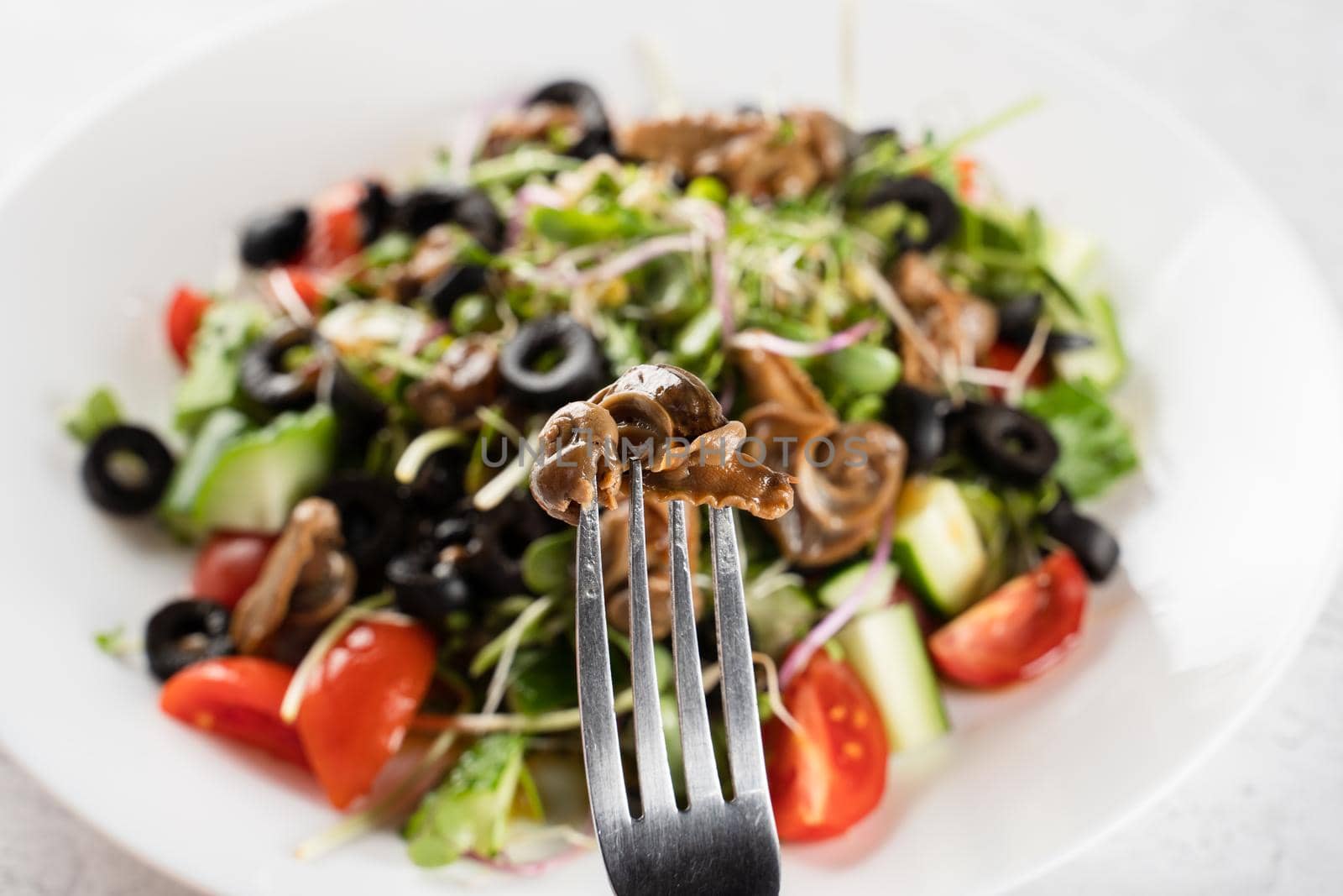 Escargot grape snail on fork near green salad on white background. French gourmet cuisine
