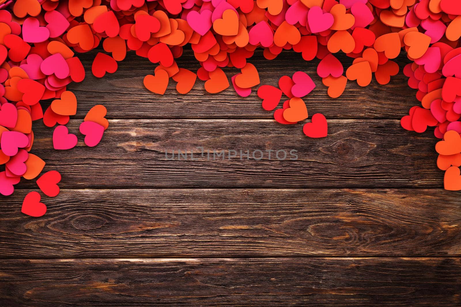 Love hearts on vintage wooden background. Background texture of hearts. 3D rendering illustration