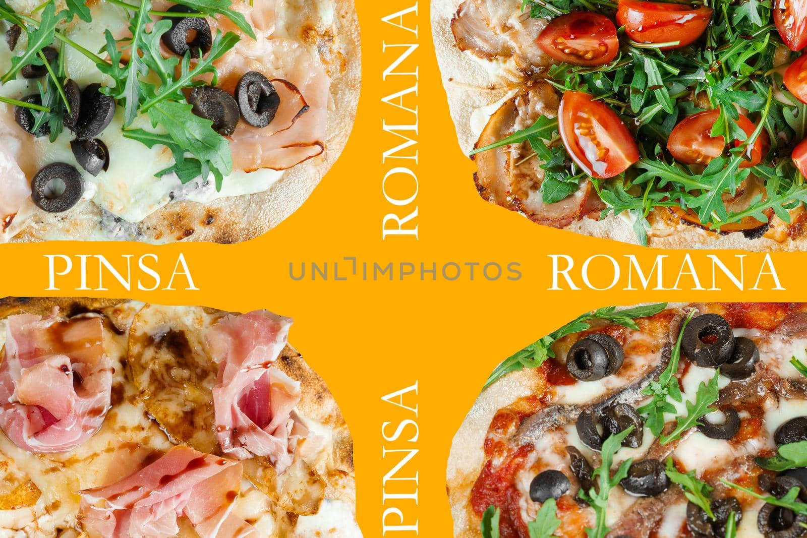 Pinsa romana gourmet italian cuisine on yellow background. Scrocchiarella. Food delivery from pizzeria