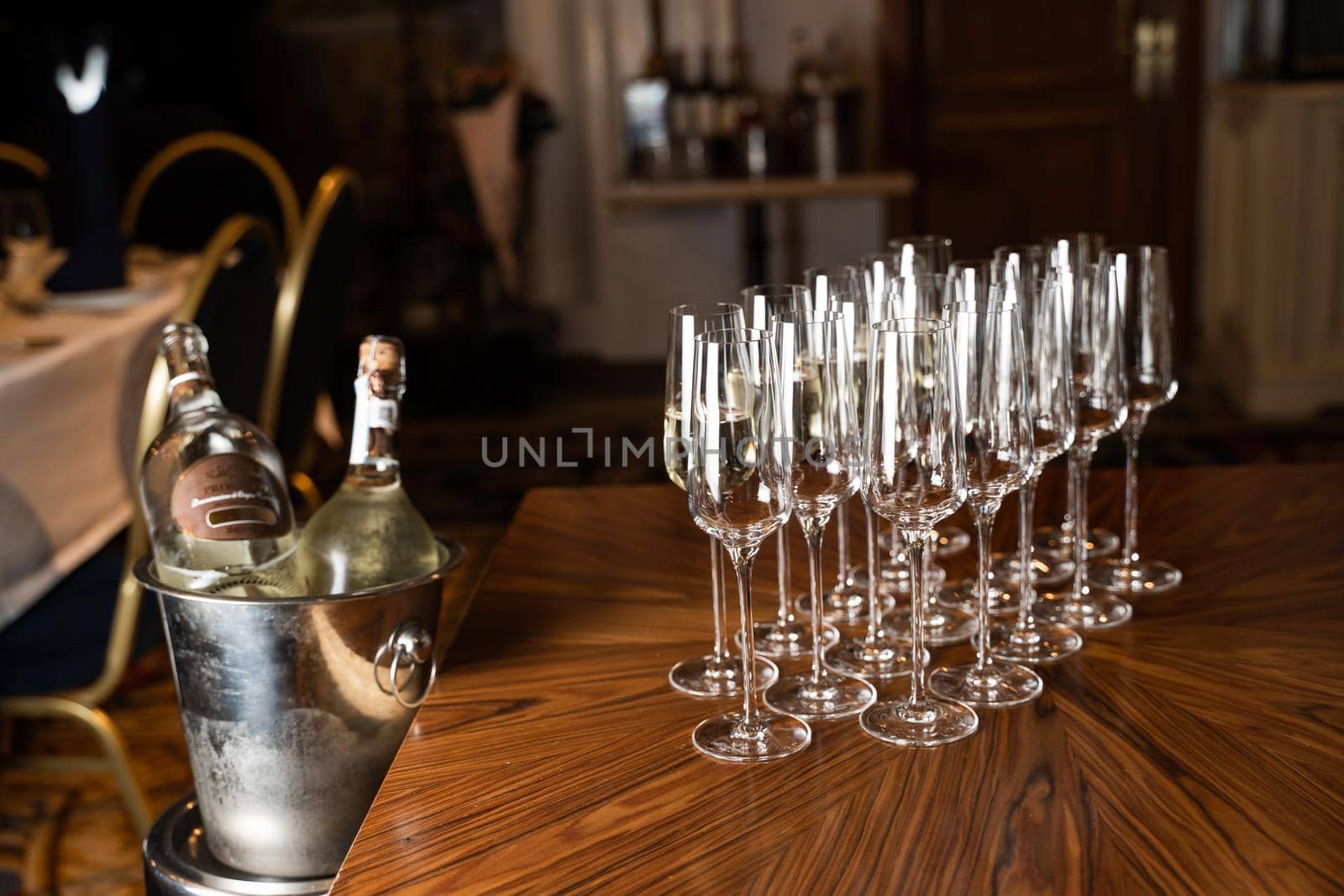 Wine glasses on the table in restaurant. Aperetif before party