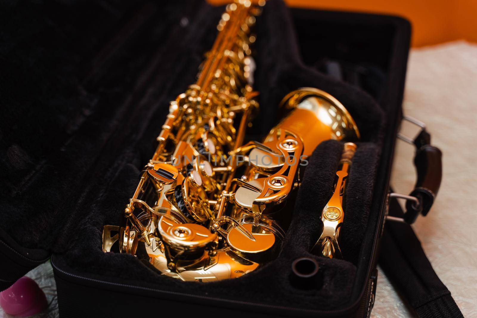 Sax musical instrument in case. Saxophone musician instrument for play jazz. by Rabizo