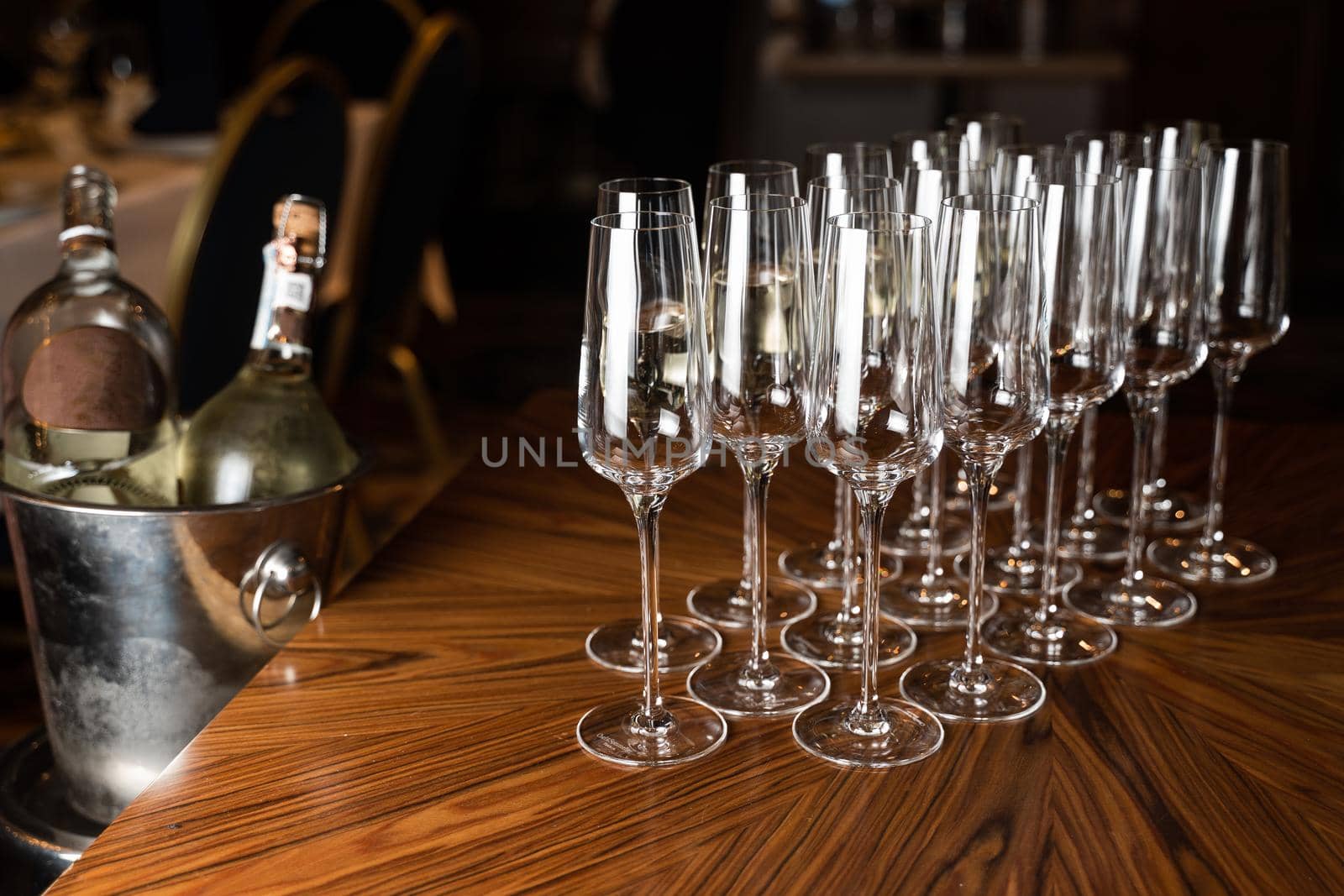 Wine glasses on the table in restaurant. Aperetif before party