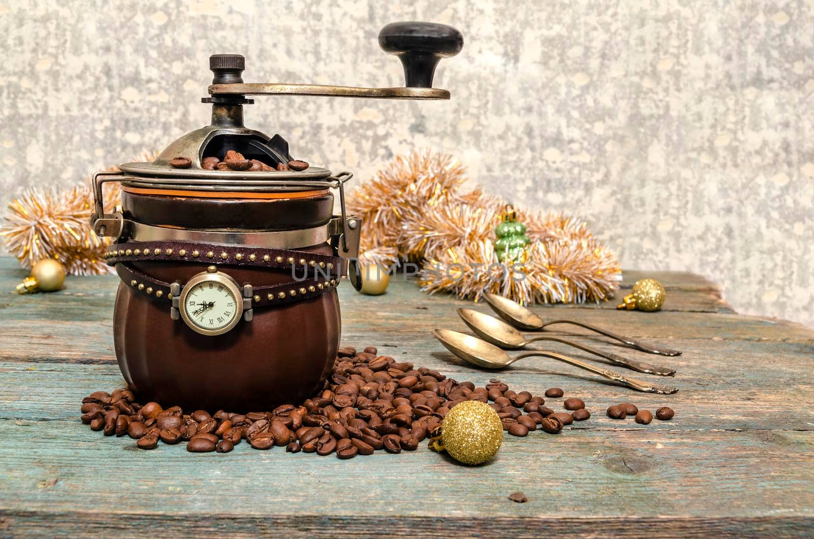 Christmas still life with coffee and clock on old wooden table. From a series Coffe time