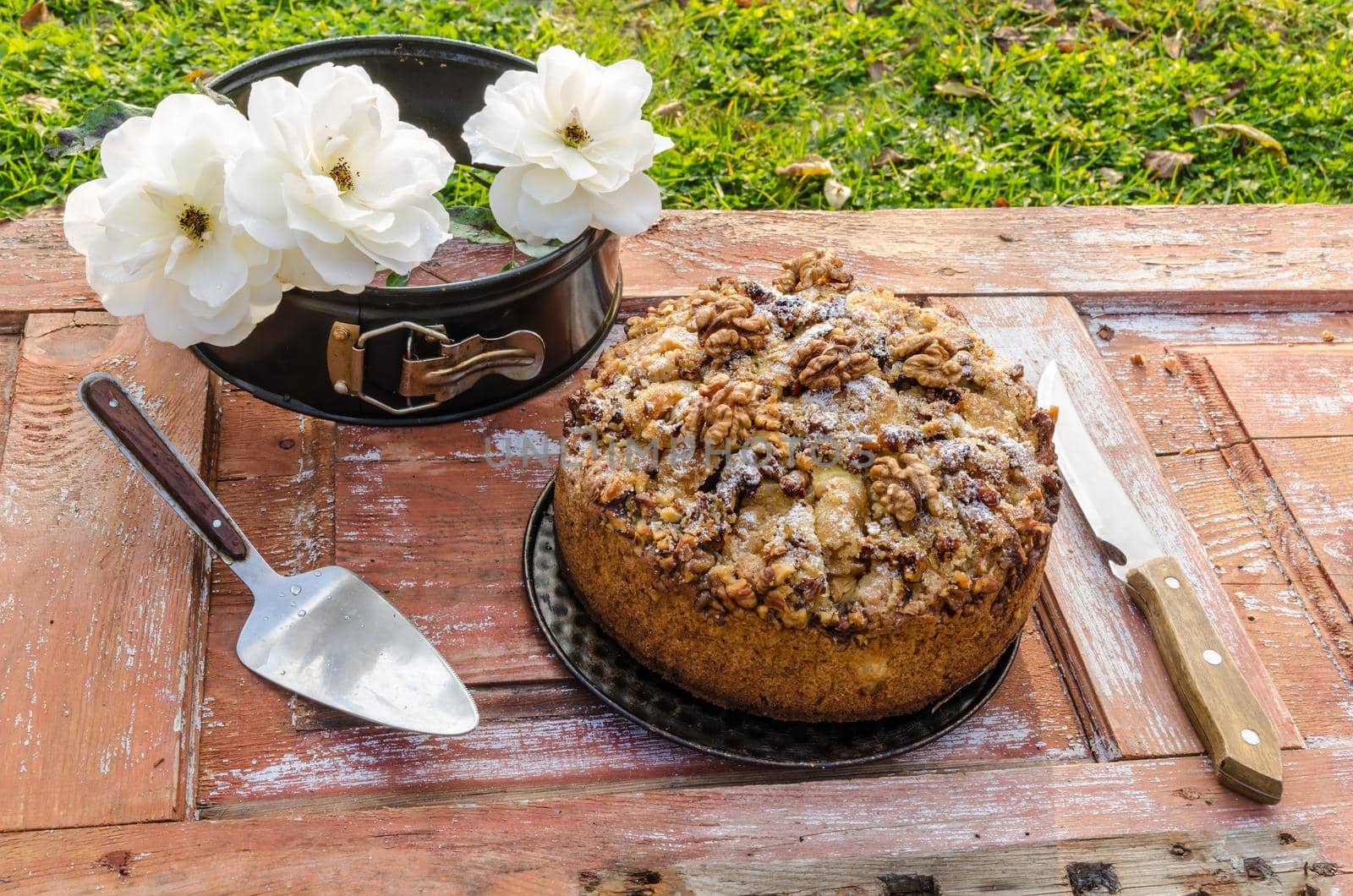 Autumn still life with cake, walnuts and white roses. Rustic style. by zimages