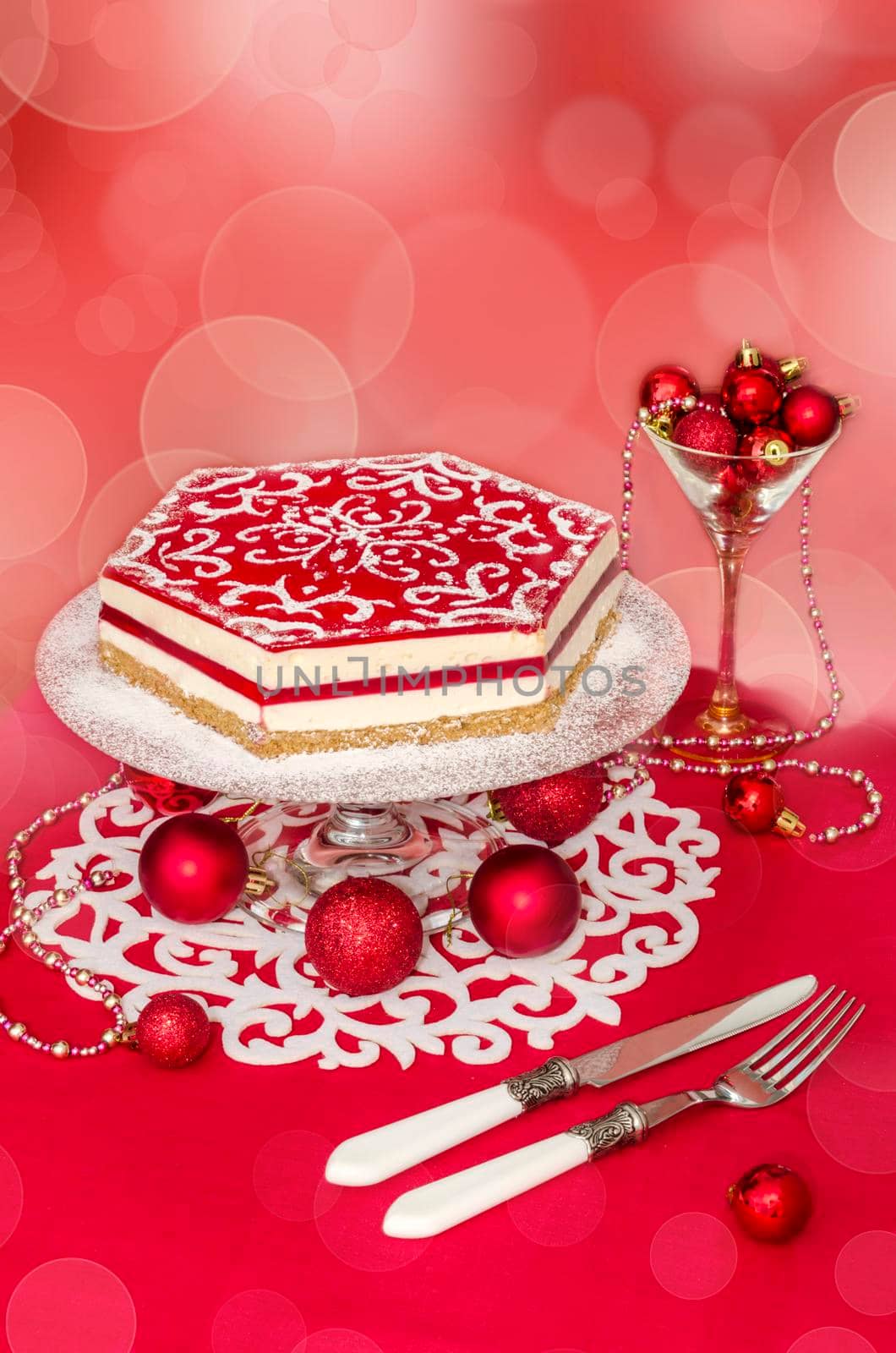 Souffle Cake and Christmas decorations, effeckt bokeh on background. From series Winter pastry