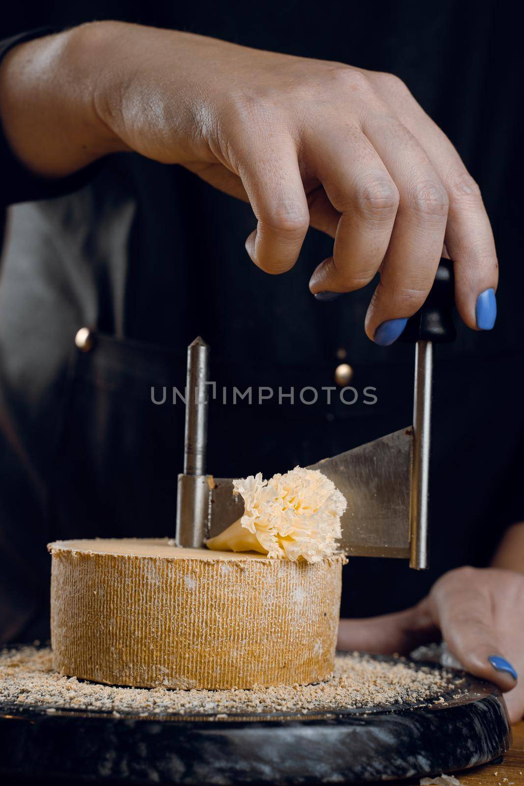 Shaving tete de moine cheese using girolle knife. Monks head. Variety of Swiss semi-hard cheese made from cows milk by Rabizo