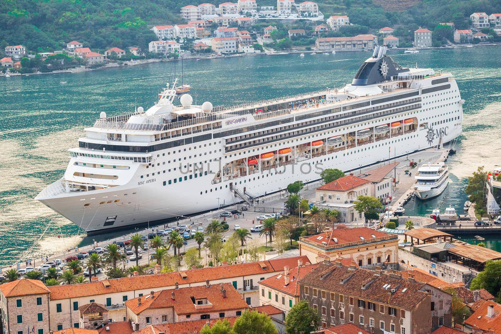 KOTOR, MONTENEGRO - September 16, 2019: Large cruise ship arrived in the bay of Kotor, Montenegro