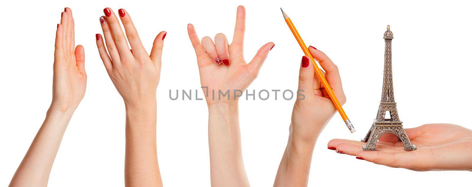 Multiple images set of female caucasian hand with objects isolated over white background by Fabrikasimf