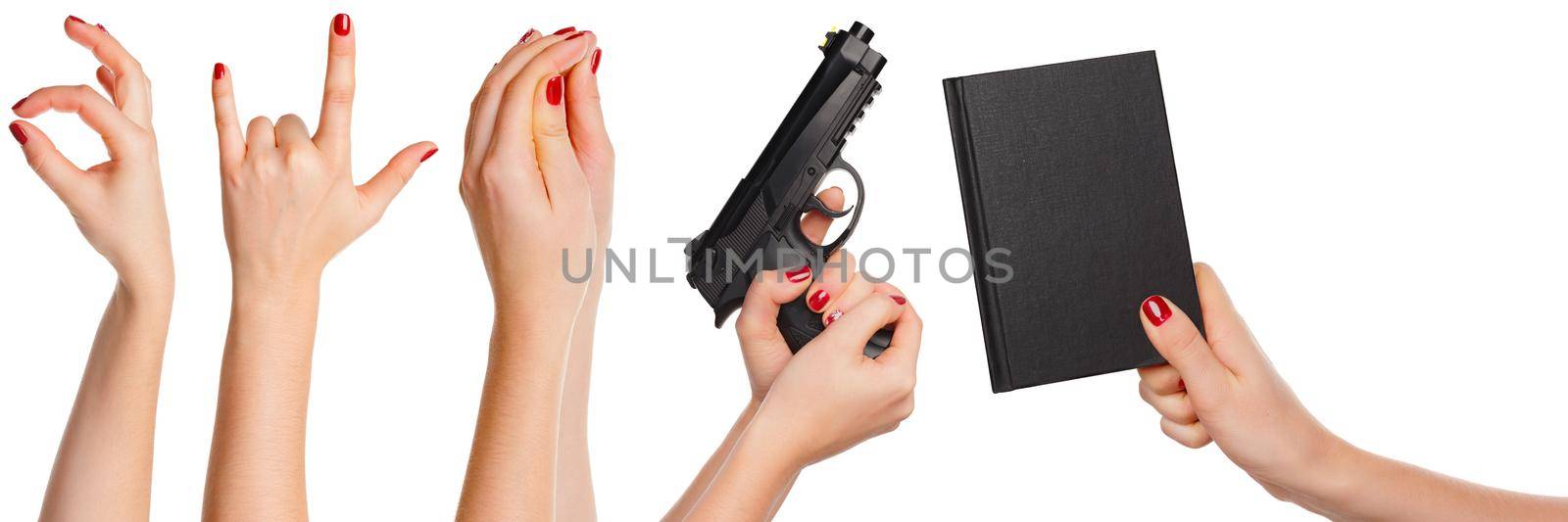 Multiple images set of female caucasian hand with objects isolated over white background. creative photo.