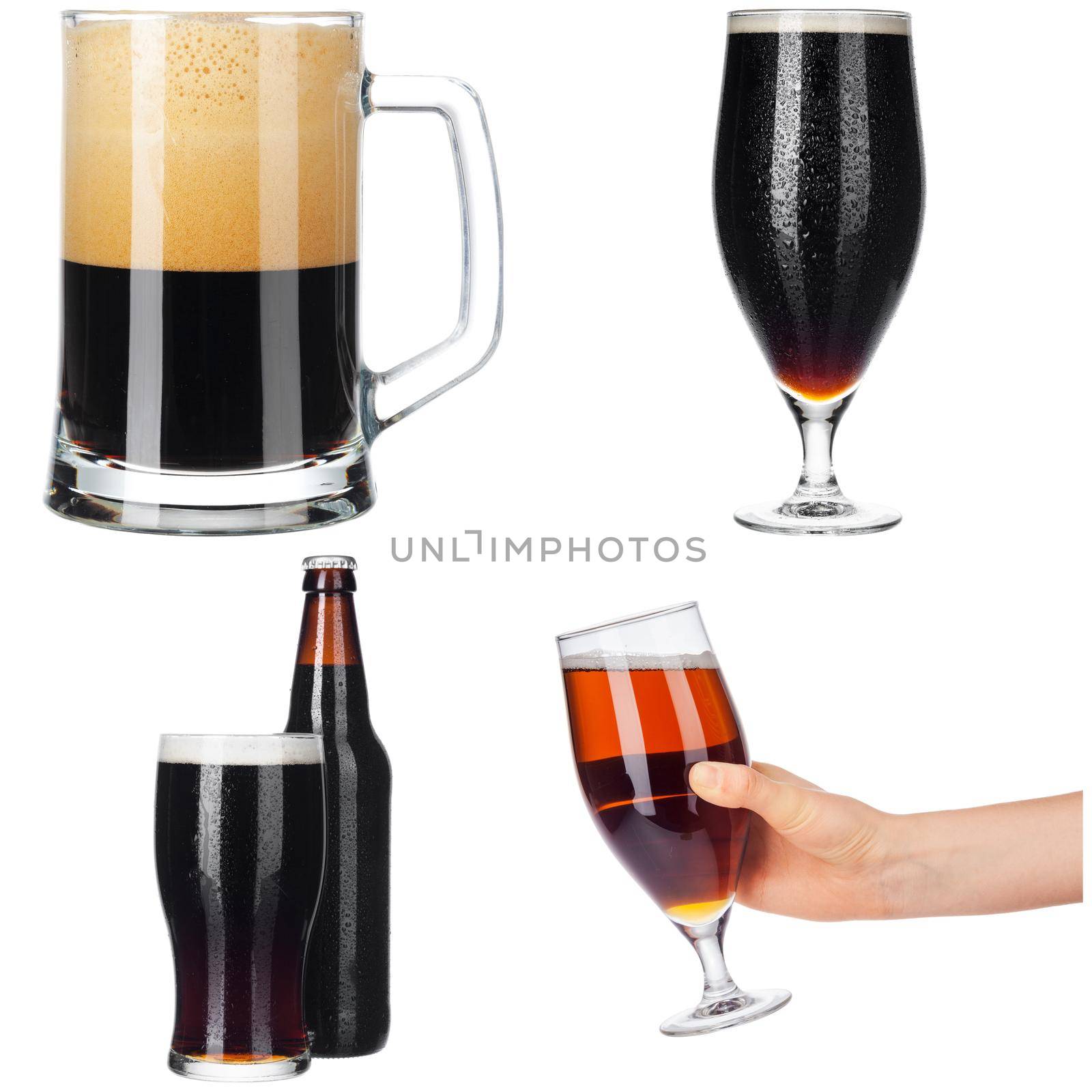 Different types of beer in glasses and bottles, isolated on white. Close up.