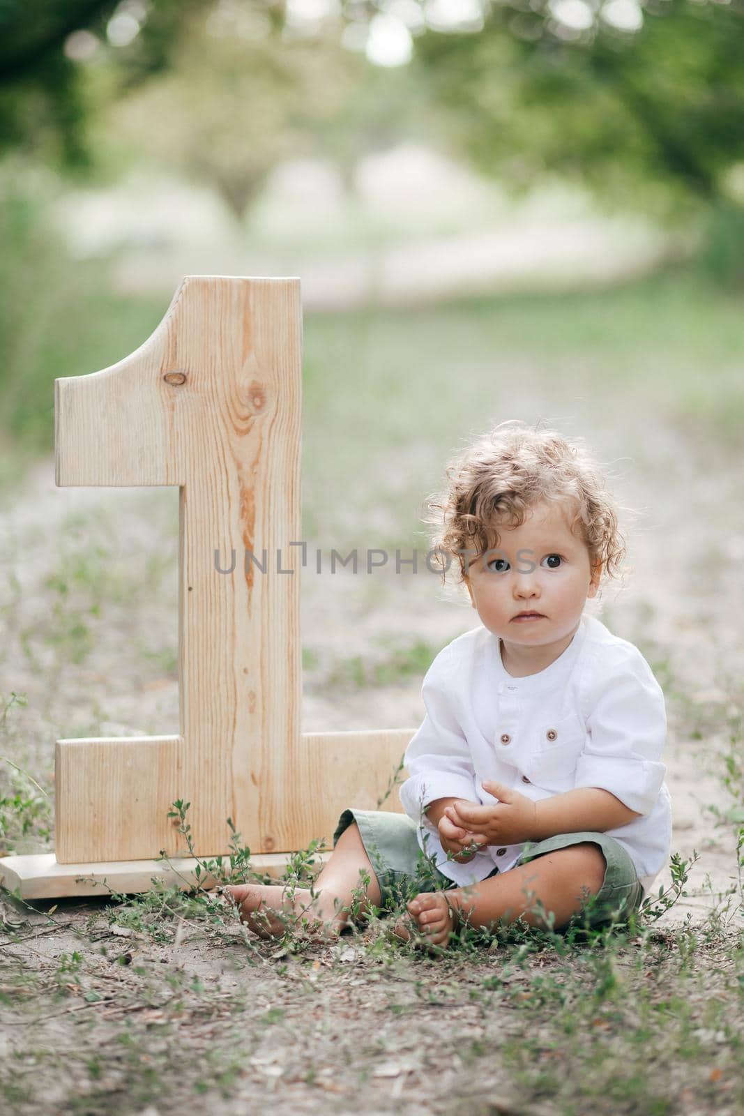 Closeup portrait of a little baby boy on wheat summer field. Parenthood concept. by Forewer