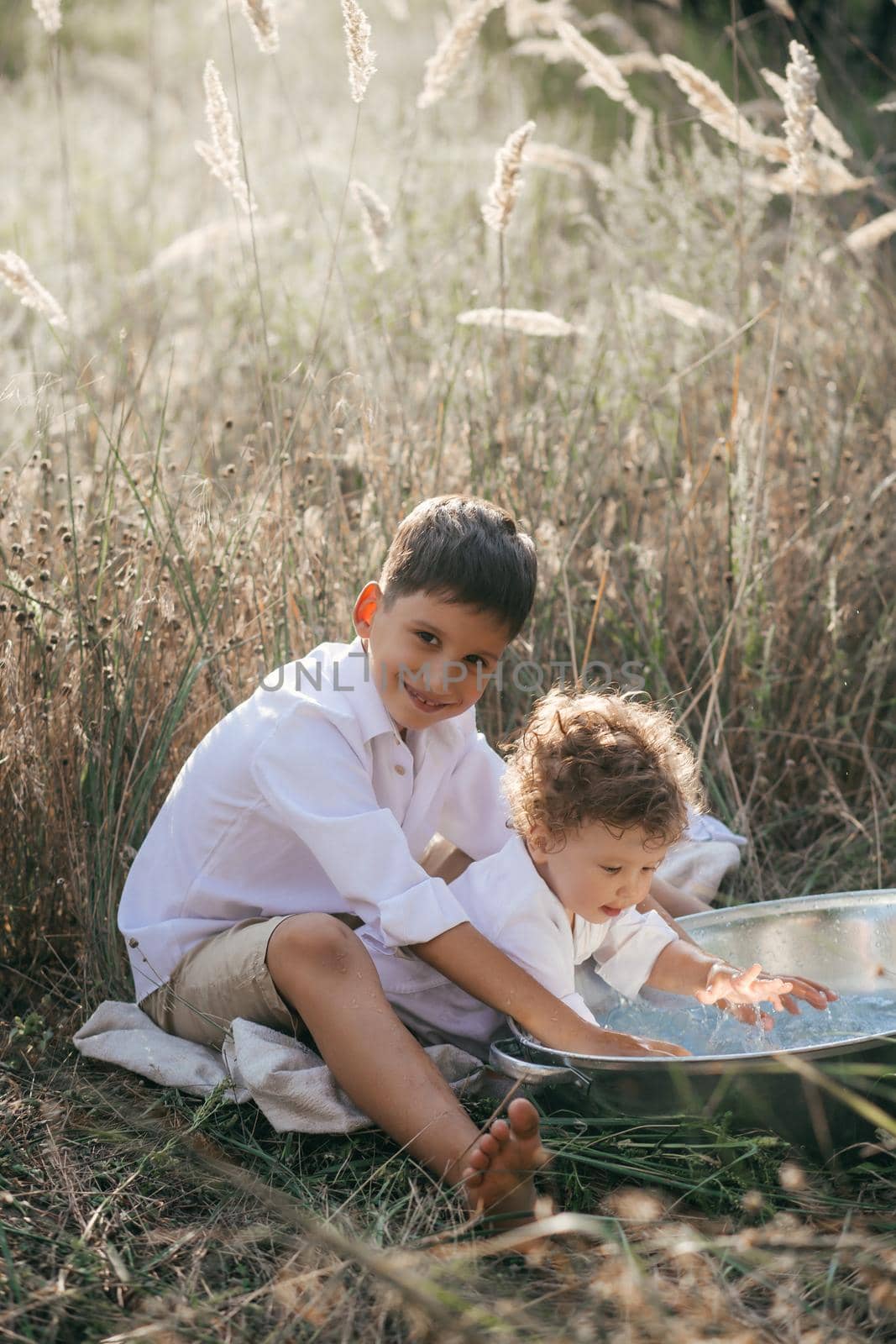 Happy two brothers are playing with water in a basin on wheat summer field. by Forewer