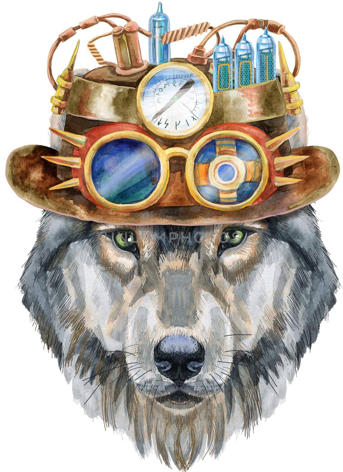 Wolf portrait in steampunk hat with googles. Watercolor gray wolf painting illustration. Beautiful wildlife world