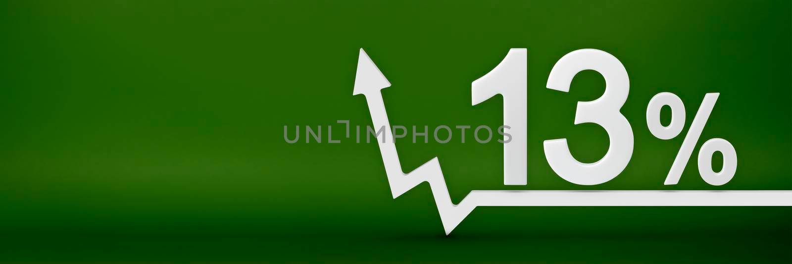 13 percent. The arrow on the graph points up. Rising prices, inflation, increase in income, increase in interest rates, taxes. 3d banner, thirteen percent sign discount on a green background. by SERSOL