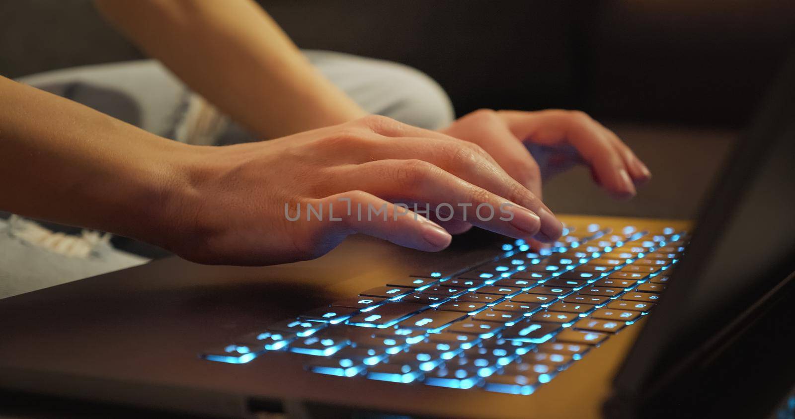 Woman Writes Message to Social Network. Hands typing on Keyboard Late Night Working. Journalist Writes Article in Media. Working on Laptop. Modern Business.