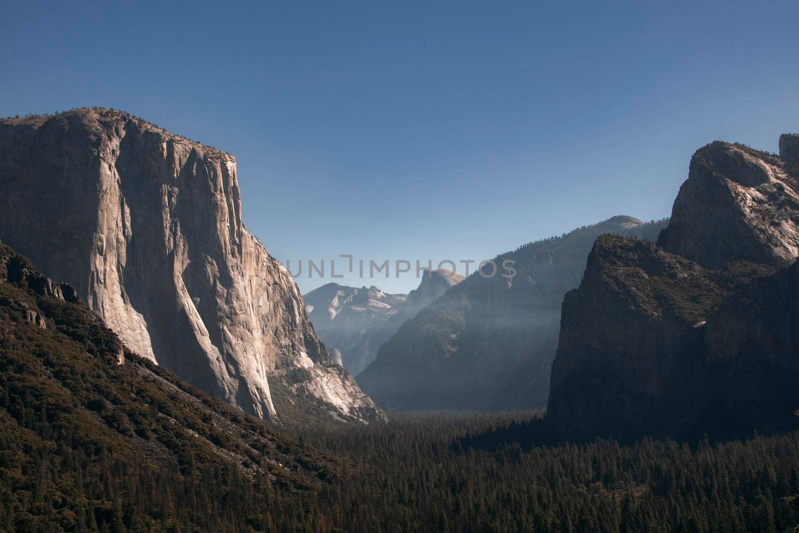 Landscape showing Capitan and others mountains in Yosemite Valley in California