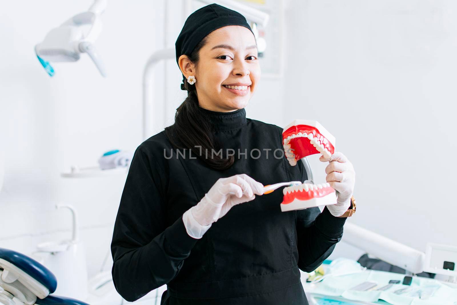 Smiling female dentist showing a denture, Dentist explaining tooth brushing, female dentist showing a denture and brush