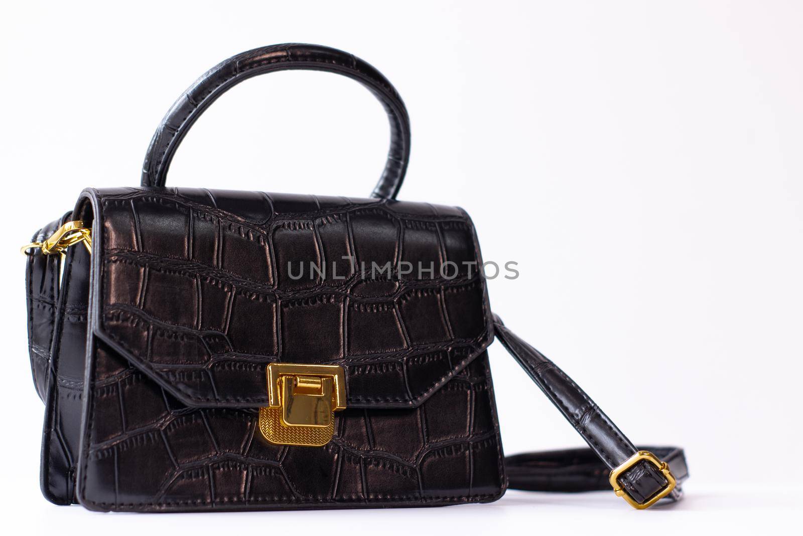 trendy black leather handbag isolated on white background. Product photography. bags and purses for women.
