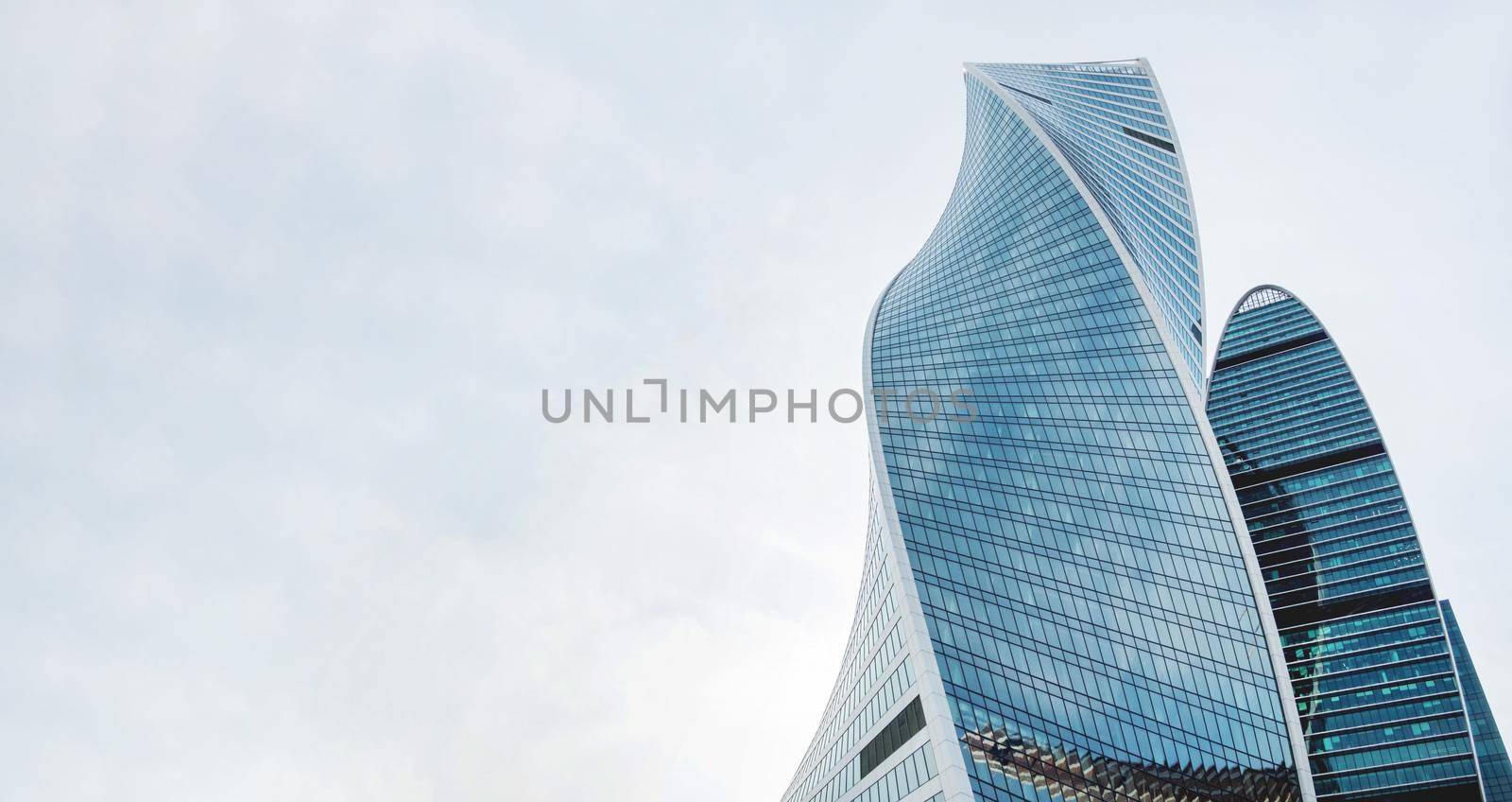 MOSCOW, RUSSIA - October 03, 2020. Moscow International Business Center MIBC , Evolution and Empire towers on clear blue sky background. Banner with copy space.