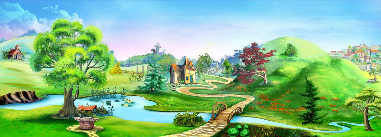 Natural parkland with a river on a suburban village. Digital Painting Background, Illustration.