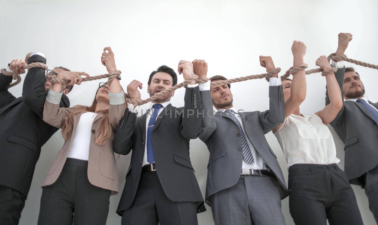 group of business people with a blank hand asking for help