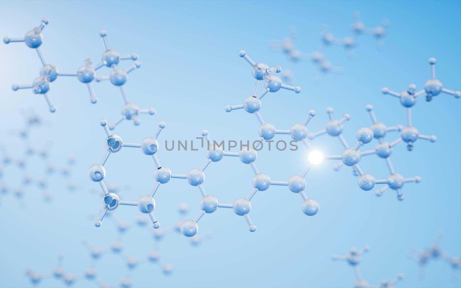 Chemical molecule with blue background, 3d rendering. by vinkfan