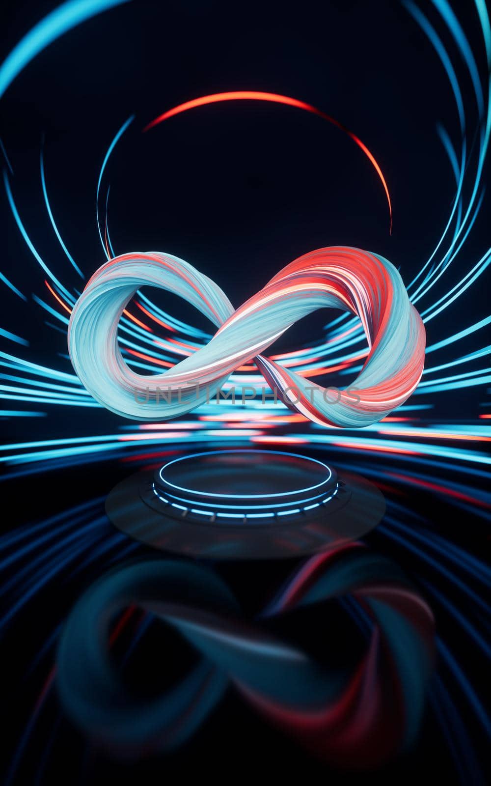 Mobius belt with spin lines effect background, 3d rendering. Computer digital drawing.