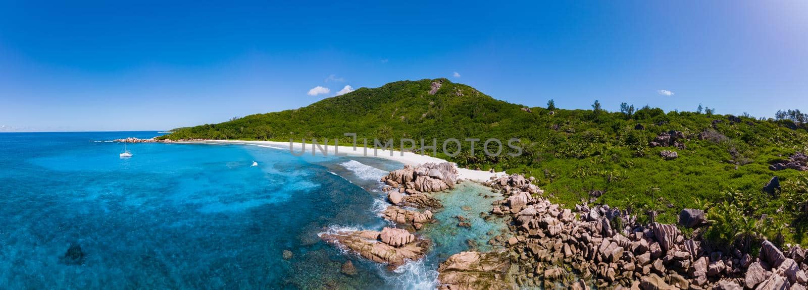 Anse Source d'Argent beach, La Digue Island, Seyshelles, Drone aerial view of La Digue Seychelles bird eye view.of tropical Island