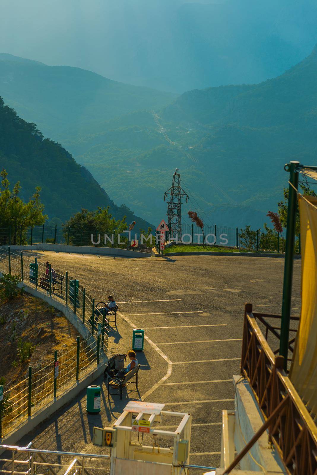 ANTALYA, TURKEY: Electric pole at the top station of the cable car. Cable car on Mount Tyunektepe on a sunny summer day.