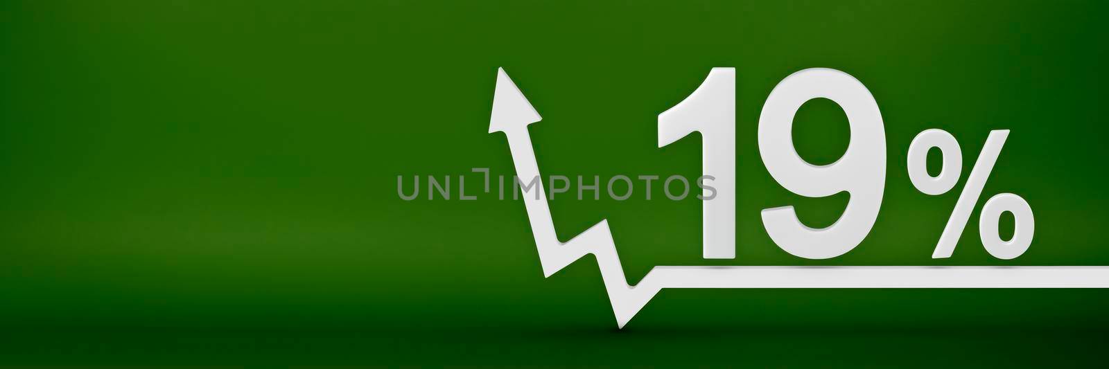 19 percent. The arrow on the graph points up. Rising prices, inflation, increase in income, increase in interest rates, taxes. 3d banner, nineteen percent sign discount on a green background. by SERSOL