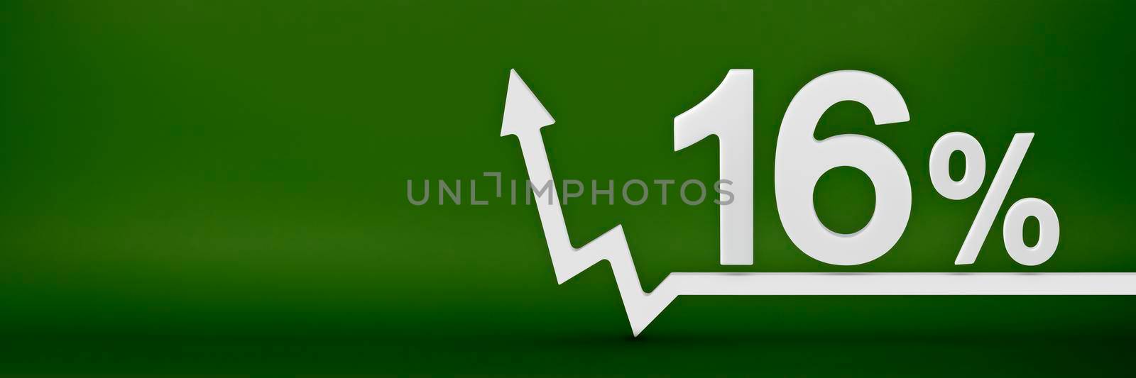 16 percent. The arrow on the graph points up. Rising prices, inflation, increase in income, increase in interest rates, taxes. 3d banner,sixteen percent sign discount on a green background