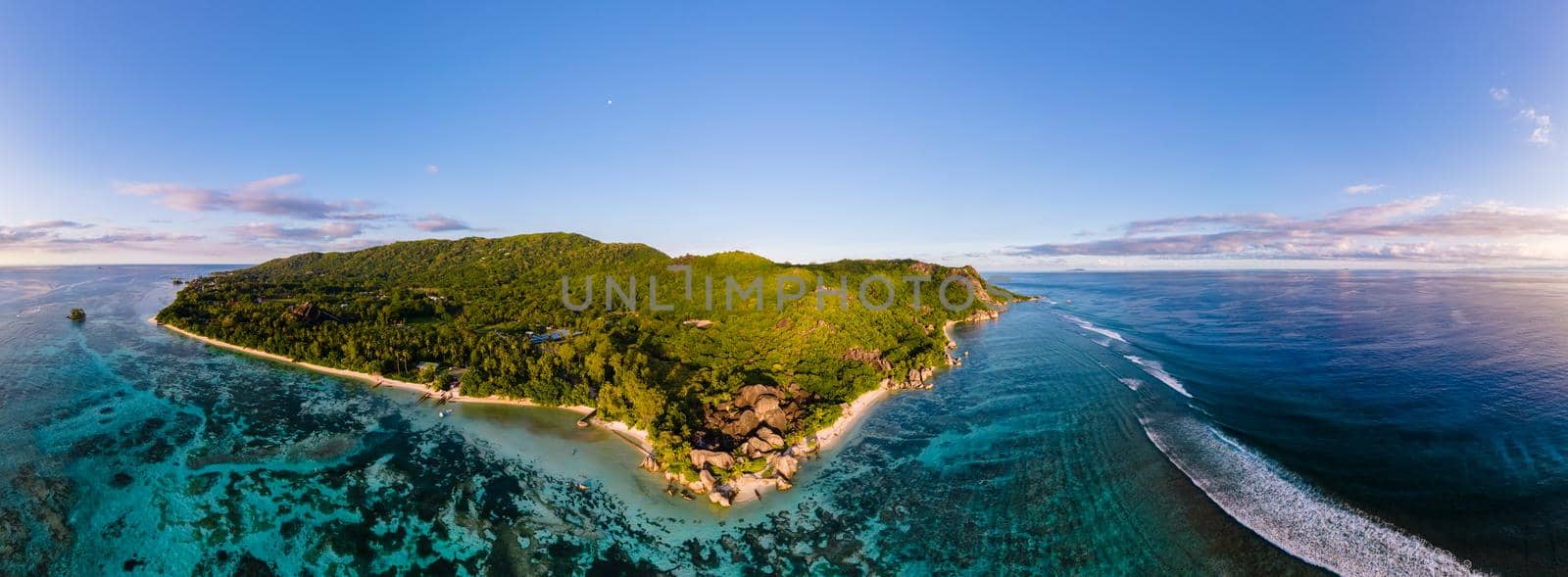 Anse Source d'Argent beach, La Digue Island, Seyshelles, Drone aerial view of La Digue Seychelles bird eye view.of tropical Island