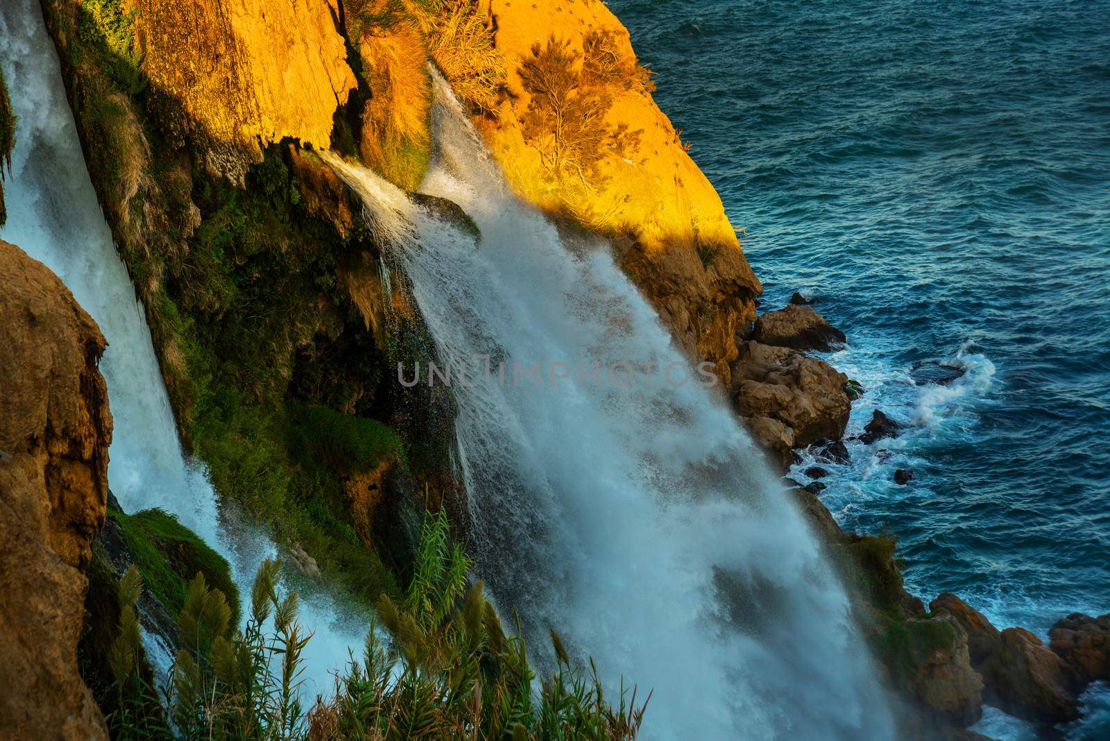 ANTALYA, TURKEY: Beautiful Close-up of the water jets in Waterfall Duden on a summer evening day in Antalya.