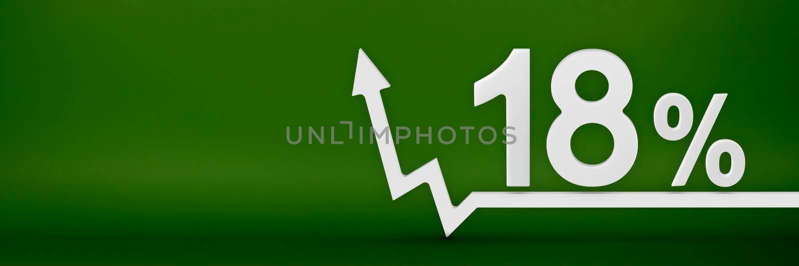 18 percent. The arrow on the graph points up. Rising prices, inflation, increase in income, increase in interest rates, taxes. 3d banner, eighteen percent sign discount on a green background