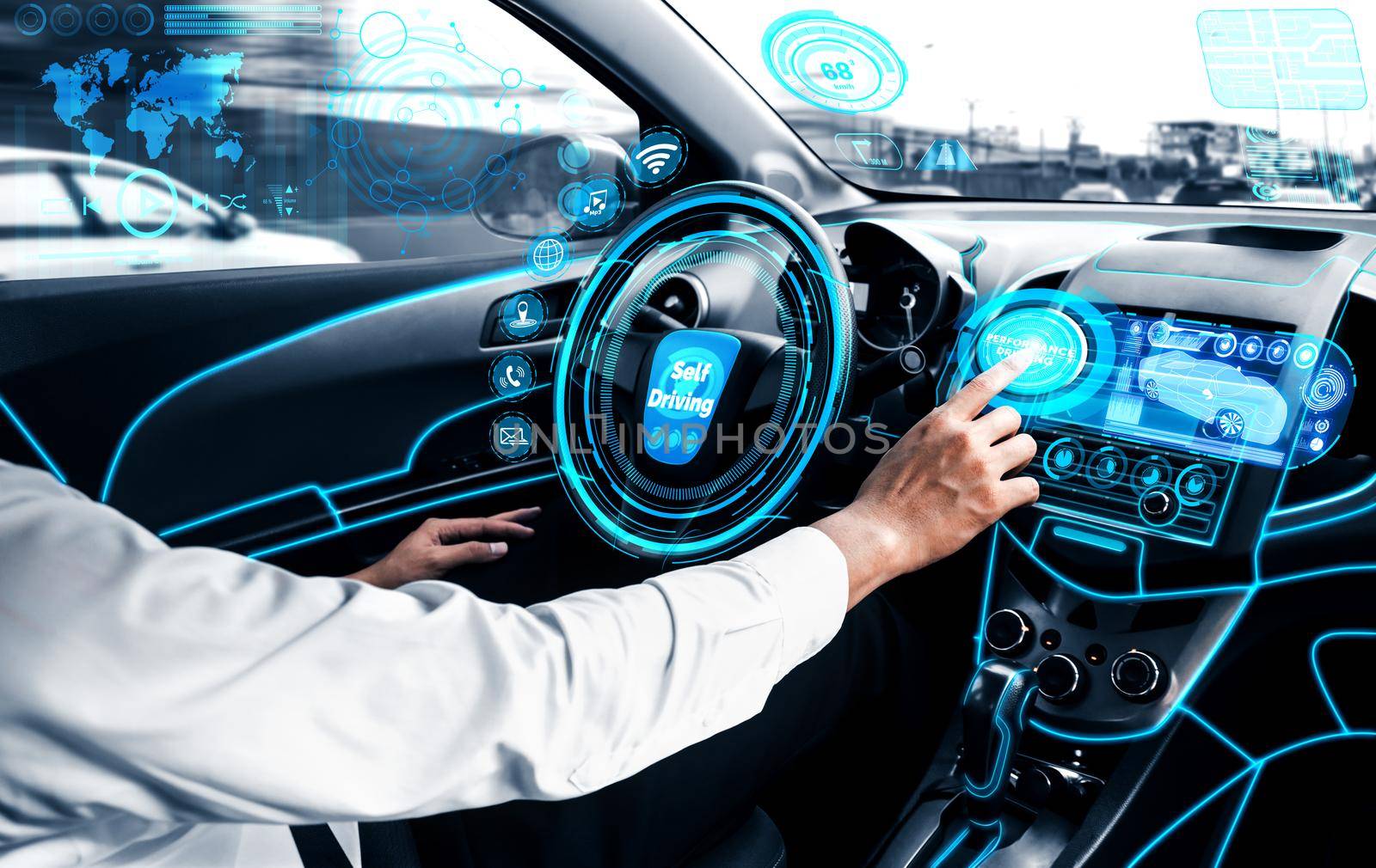 Self-driving autonomous car with relaxed young man sitting at driver seat is driving on busy highway road in the city. Concept of machine learning, artificial intelligence and augmented reality.