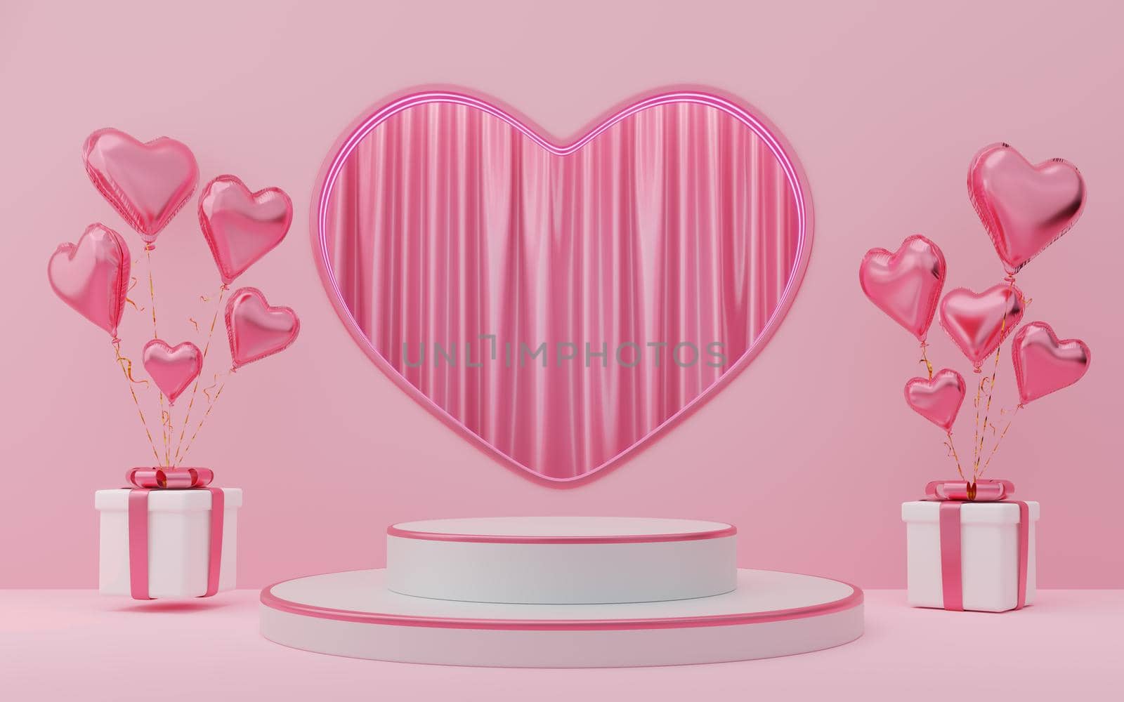 Empty white cylinder podium with pink border, gift boxes, hearts balloons on neon lamp arch and curtain background. Valentine's Day interior with pedestal. Mockup space for display. 3d render. by media-ja