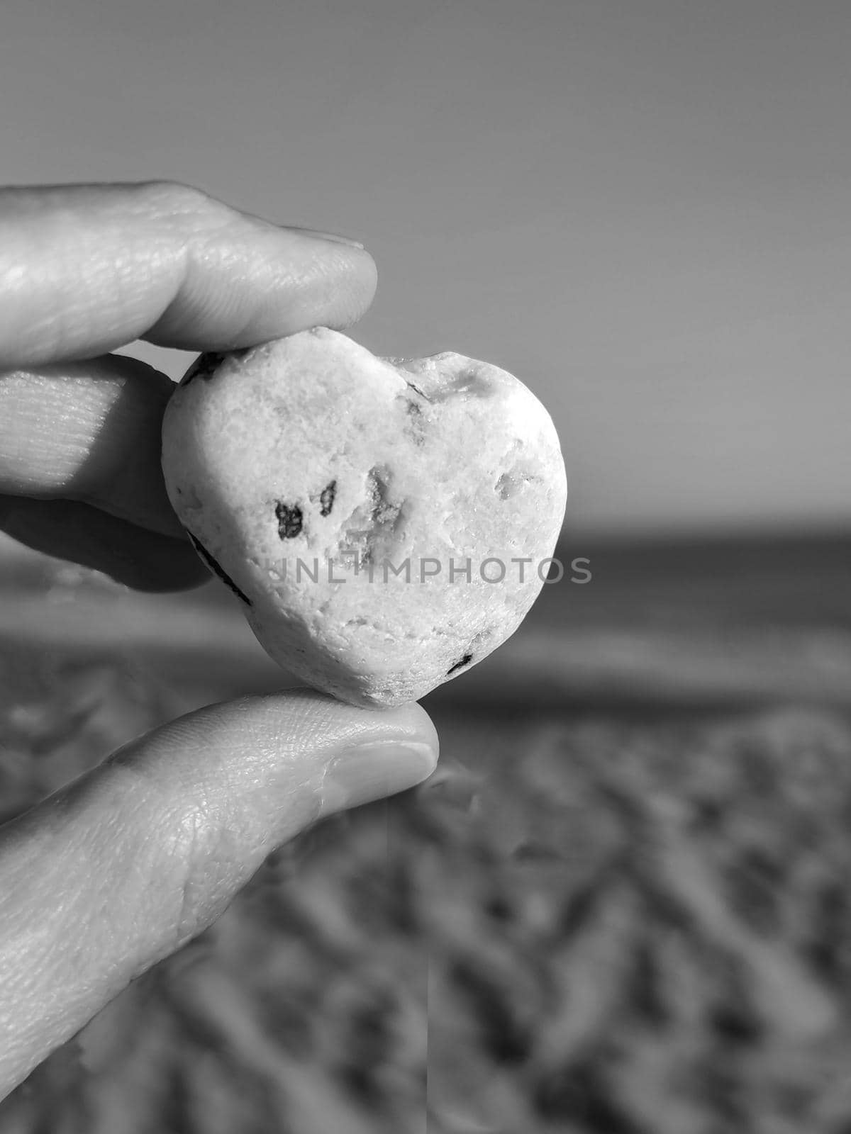 Stone heart in hand, close-up. Black and white