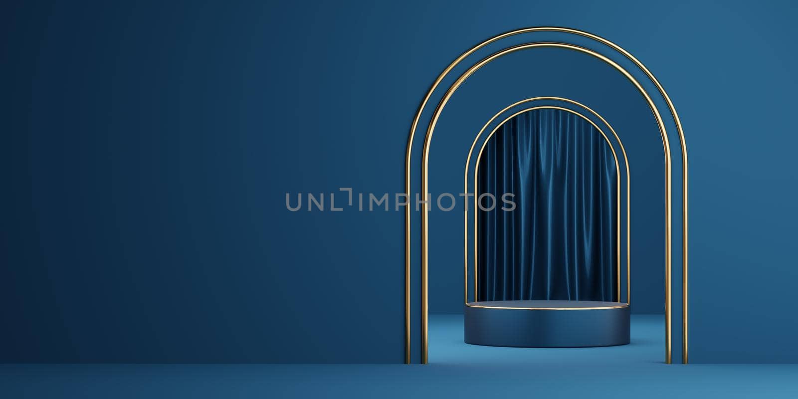 Empty blue cylinder podium with gold border on arch, curtain and  copy space background. Abstract minimal studio 3d geometric shape object. Mockup space for display of product design. 3d rendering.