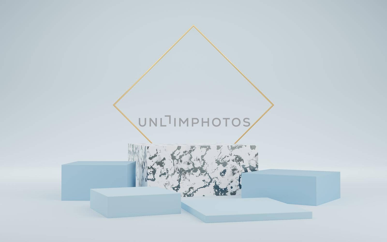 5 Empty white marble cube podium and gold square on blue background. Abstract minimal studio 3d geometric shape object. Mockup space for display of product design. 3d rendering. by media-ja