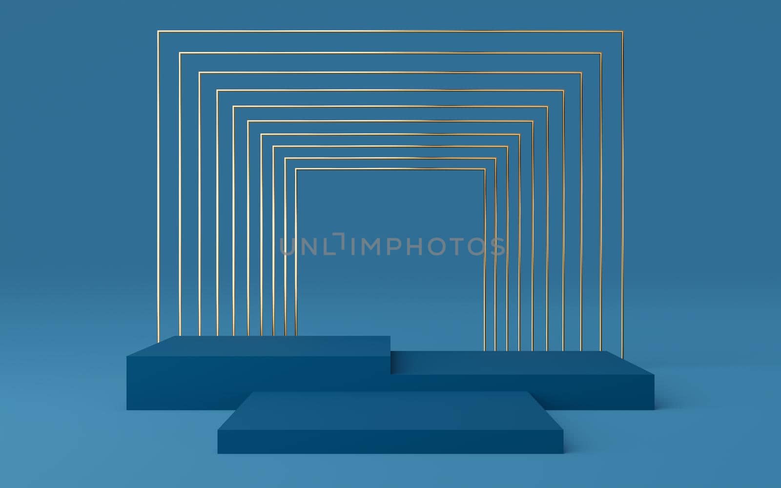 Empty dark blue cube podium with gold square on blue background. Abstract minimal studio 3d geometric shape object. Pedestal mockup space for display of product design. 3d rendering. by media-ja