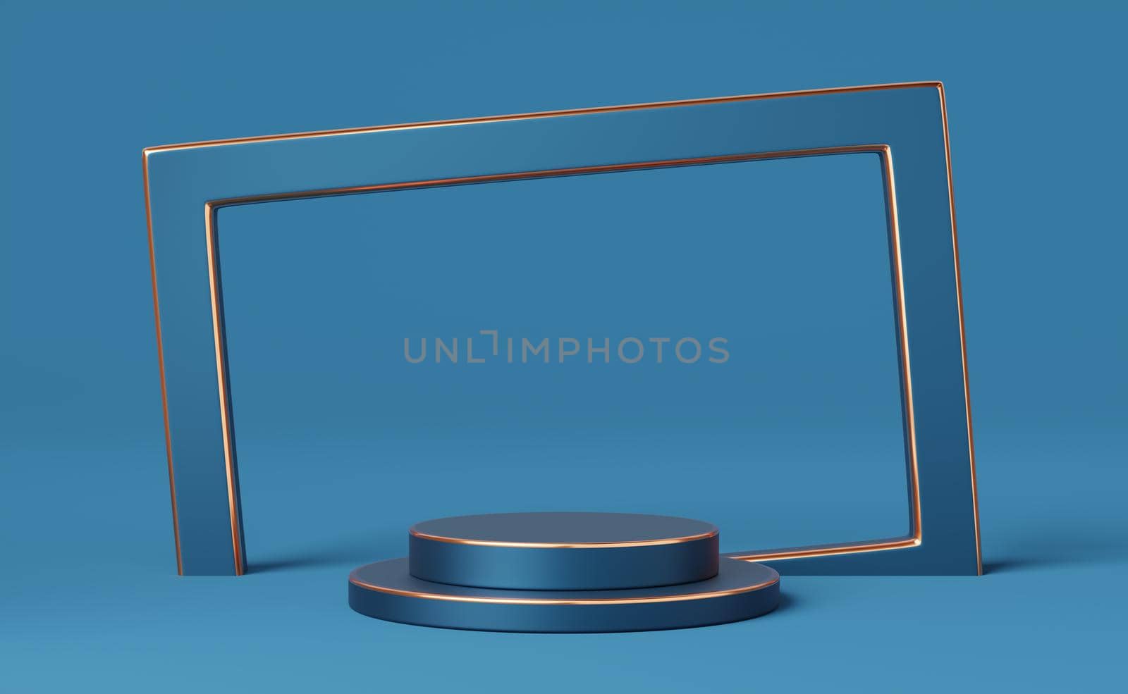 Empty blue cylinder podium with gold border frame on blue background. Abstract minimal studio 3d geometric shape object. Mockup space for display of product design. 3d rendering.